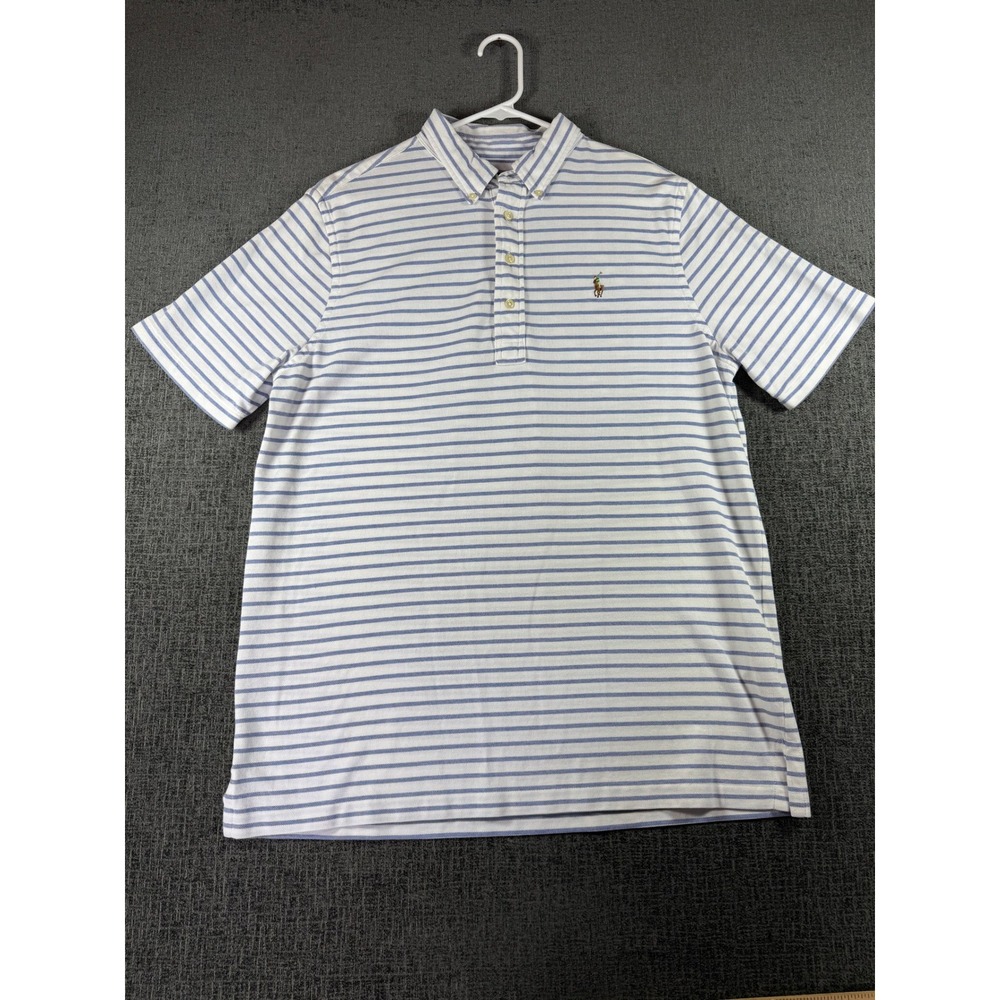 Ralph Lauren Knit Oxford Polo Shirt Mens Large Blue White Striped Cotton Pique